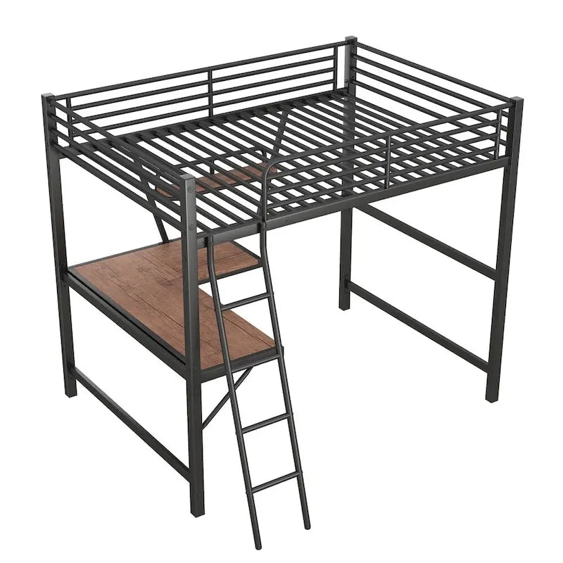 Metal Loft Bed with L-shaped Desk and Shelf