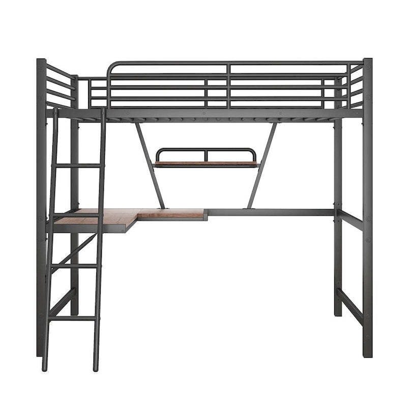 Metal Loft Bed with L-shaped Desk and Shelf