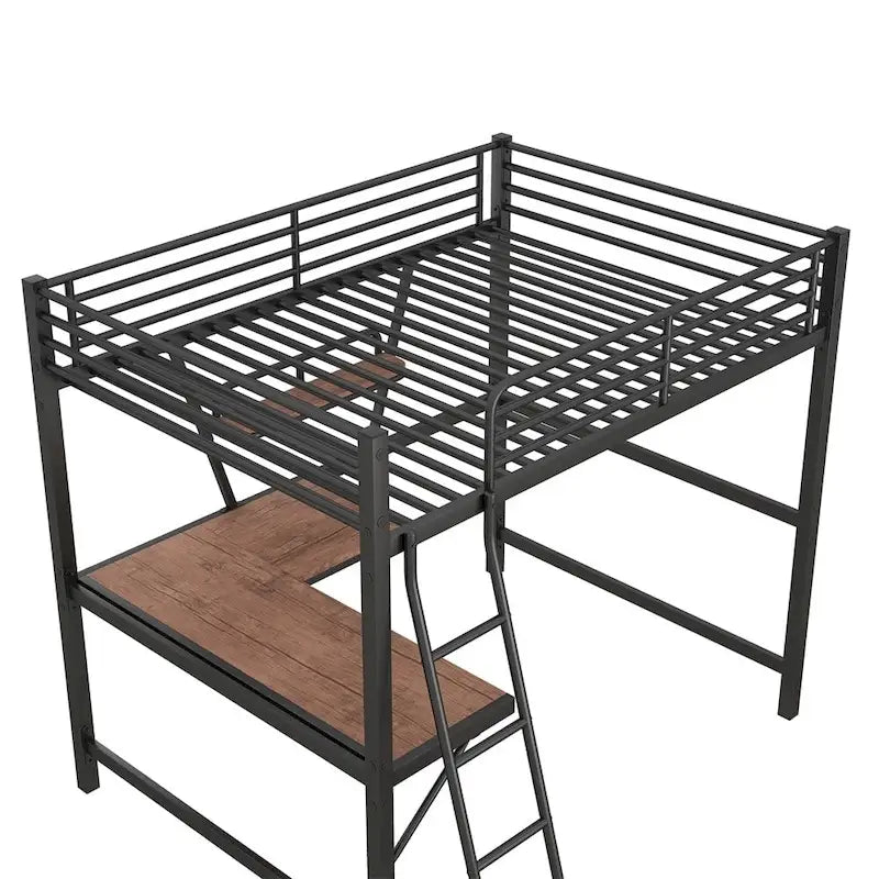 Metal Loft Bed with L-shaped Desk and Shelf