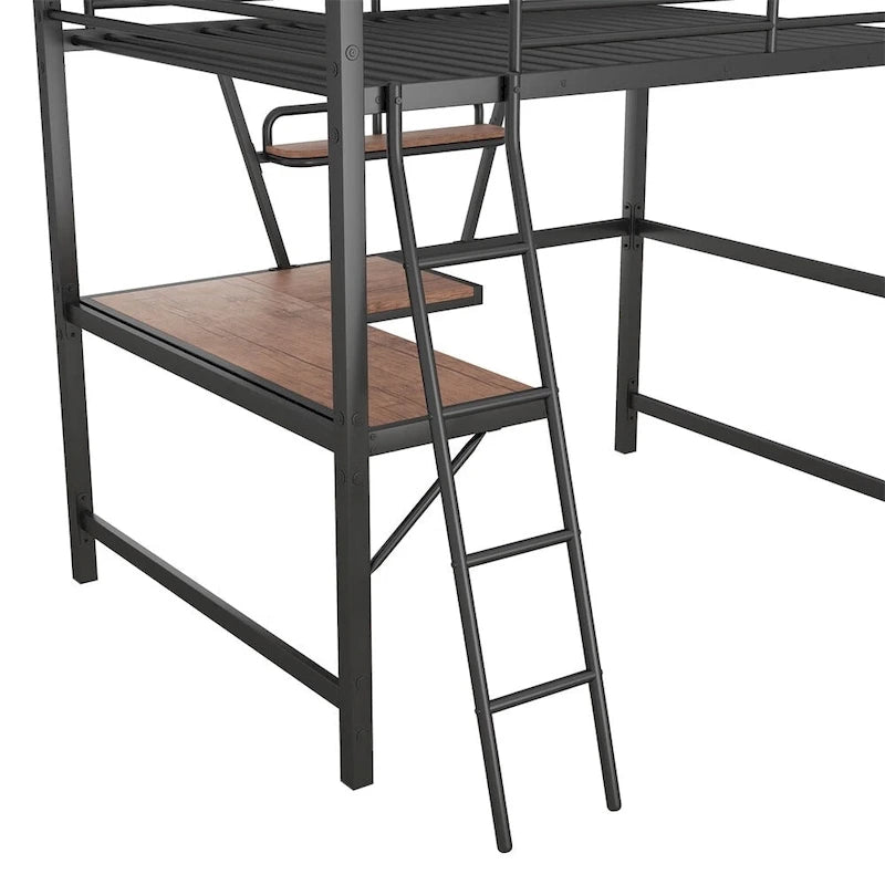 Metal Loft Bed with L-shaped Desk and Shelf