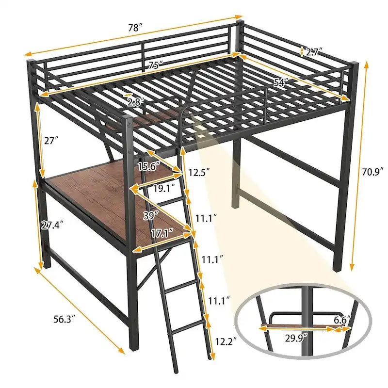 Metal Loft Bed with L-shaped Desk and Shelf