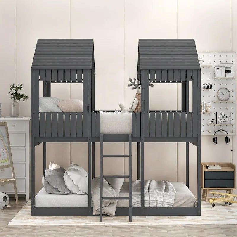 Full Over Full Wood Bunk Bed with Roof, Window, Guardrail, Ladder