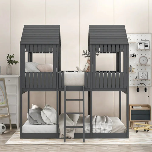 Full Over Full Wood Bunk Bed with Roof, Window, Guardrail, Ladder