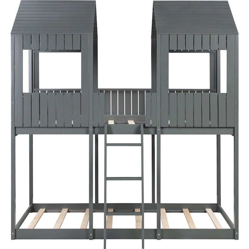 Full Over Full Wood Bunk Bed with Roof, Window, Guardrail, Ladder