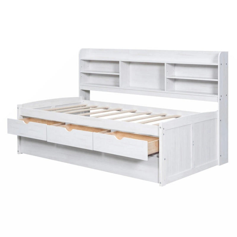 Twin Size Wooden Captain Bed with Built-in Bookshelves,Three Storage Drawers and Trundle, White Wash
