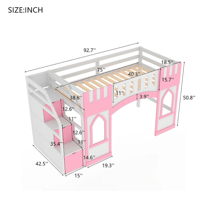 Hochbett in Einzelbettgröße mit Stauraumtreppe und Fenster