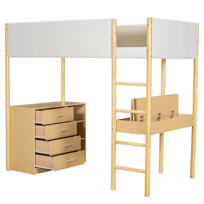 Twin Size Teddy Fleece Loft Bed with Desk and Drawers