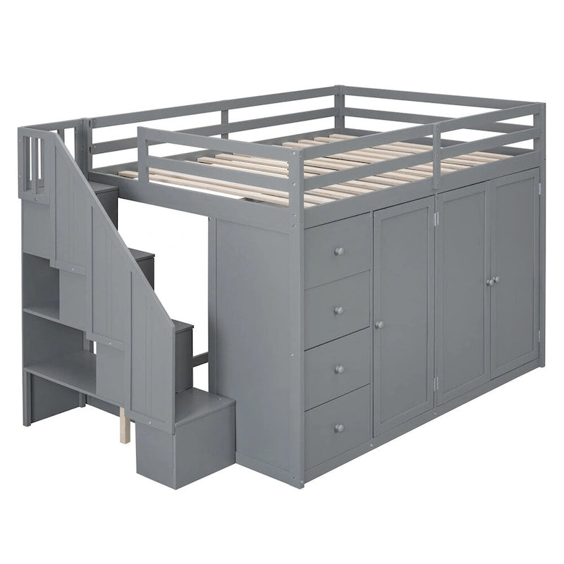 Full Size Wood Loft Bed with Built-in Wardrobes, Cabinets and Drawers