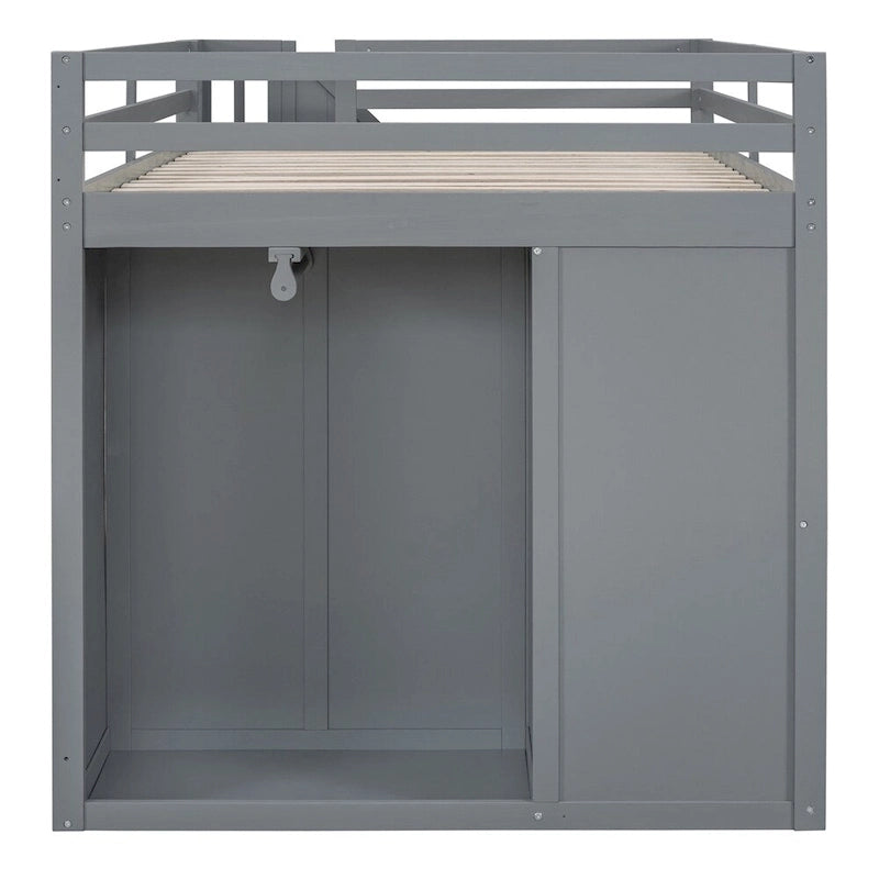 Full Size Wood Loft Bed with Built-in Wardrobes, Cabinets and Drawers