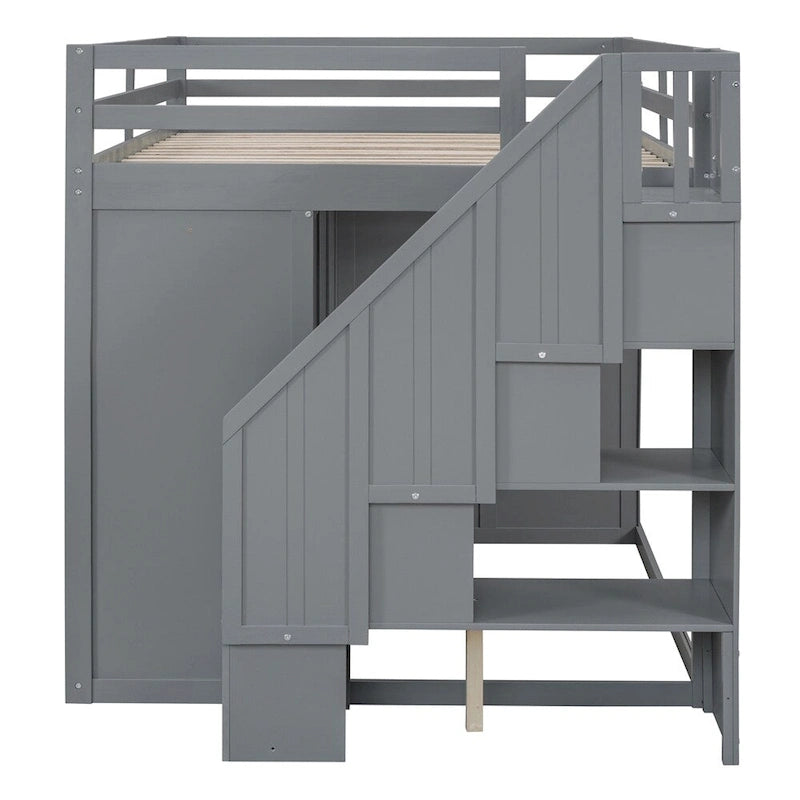 Full Size Wood Loft Bed with Built-in Wardrobes, Cabinets and Drawers