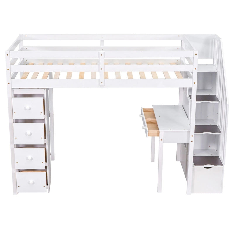 Twin Size Wooden Loft Bed with Storage Drawers, Desk, Storage Stairs, Shelves