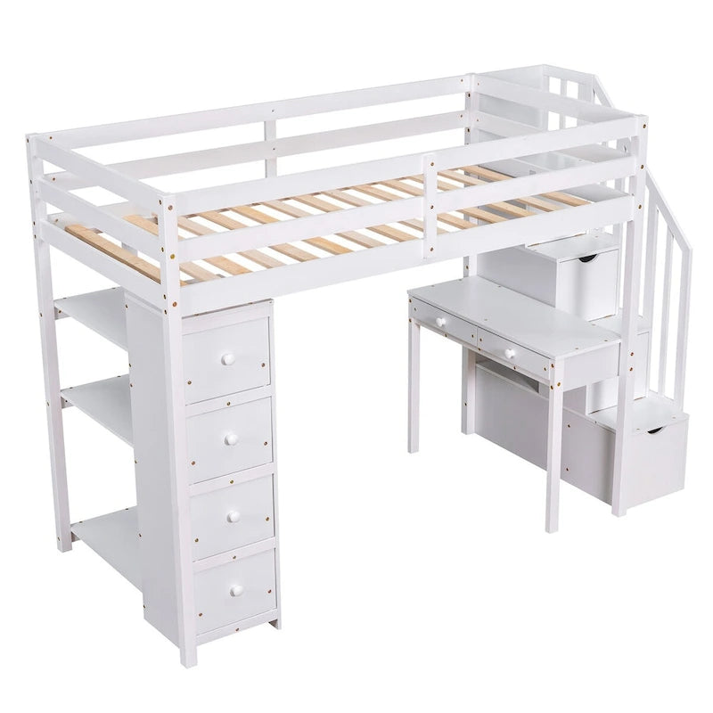 Twin Size Wooden Loft Bed with Storage Drawers, Desk, Storage Stairs, Shelves