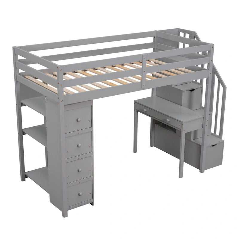 Twin Size Wooden Loft Bed with Storage Drawers, Desk, Storage Stairs, Shelves
