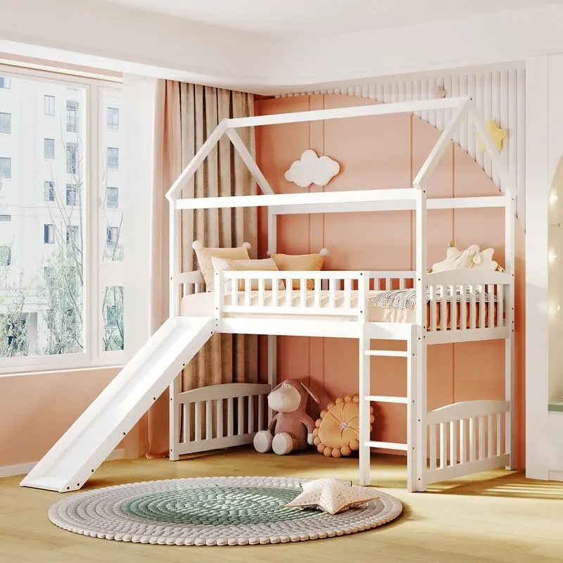 Twin Size Wood Loft Bed with Slide, House Bed