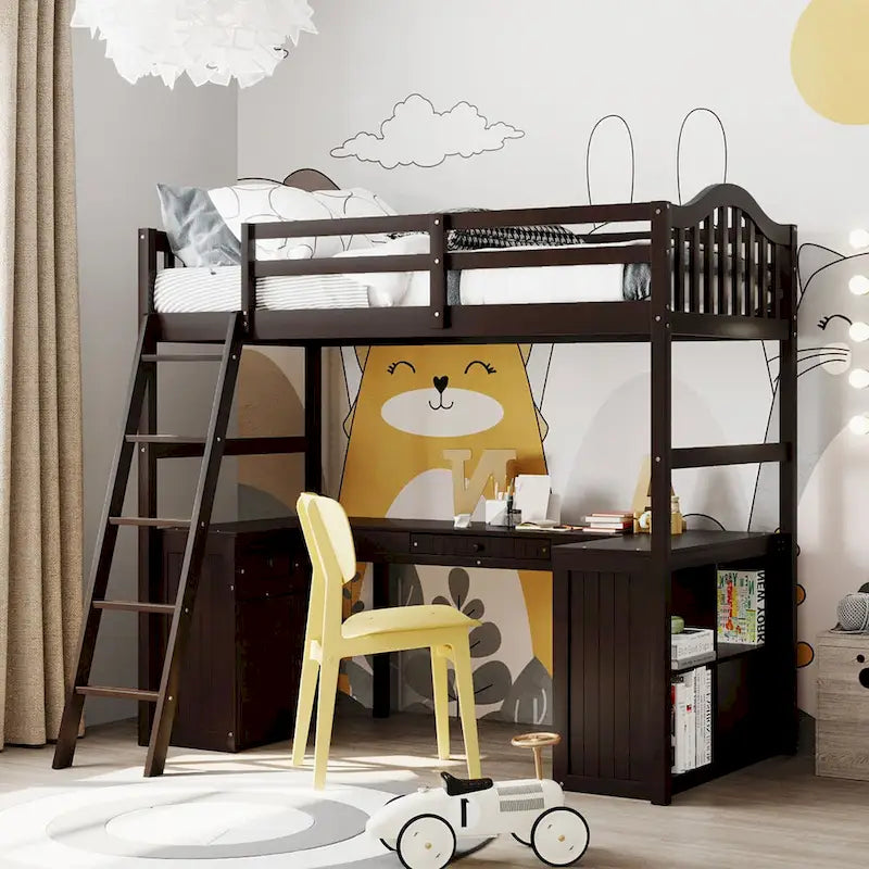 Twin Size Wooden Loft Bed with Desk, 2 Drawers, Cabinet, 4 Shelves, Full-Length Guardrail