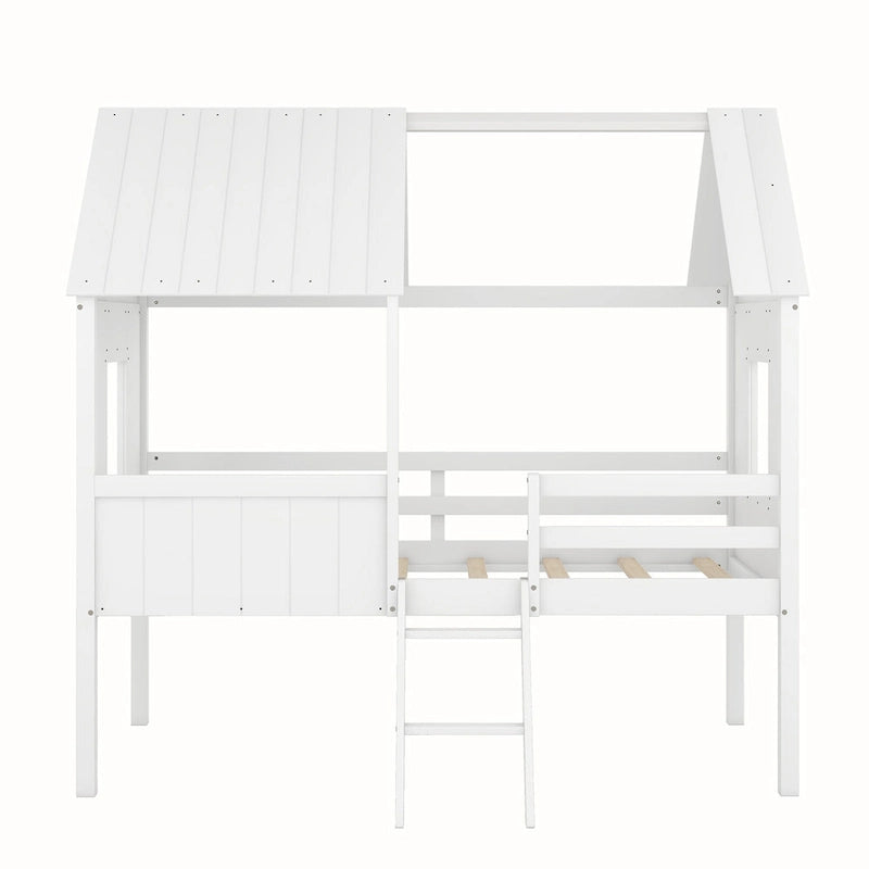 Low Loft Wood House Bed with 2 Side Windows