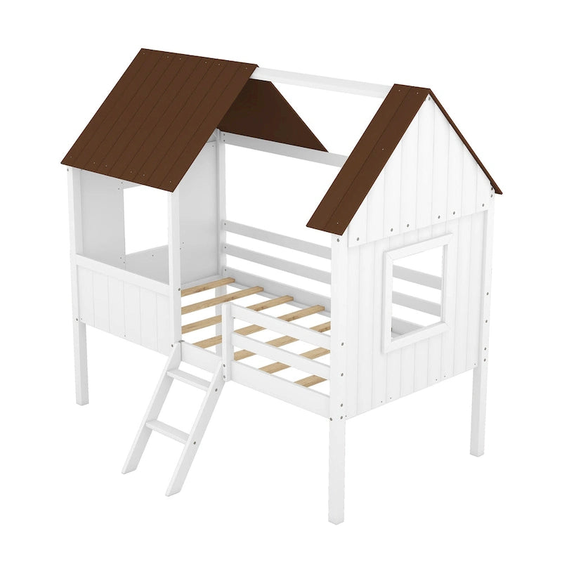 Low Loft Wood House Bed with 2 Side Windows
