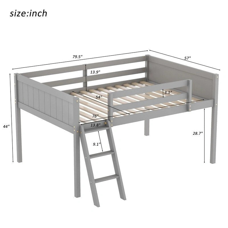 Full Size Wood Low Loft Bed with Ladder,ladder can be placed on the left or right