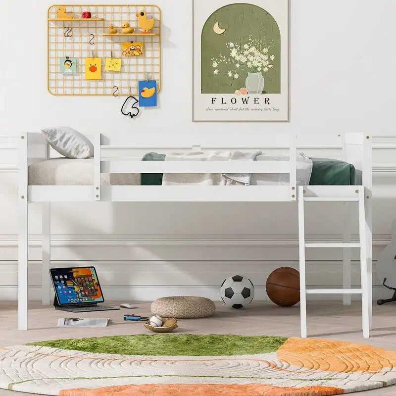 Full Size Wood Low Loft Bed with Ladder,ladder can be placed on the left or right