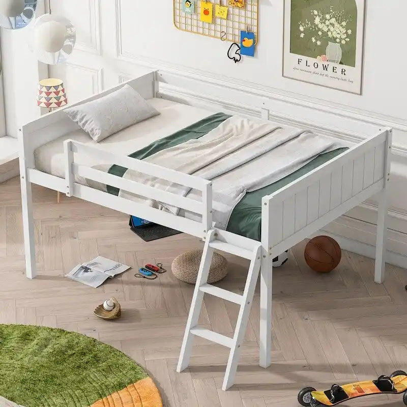 Full Size Wood Low Loft Bed with Ladder,ladder can be placed on the left or right