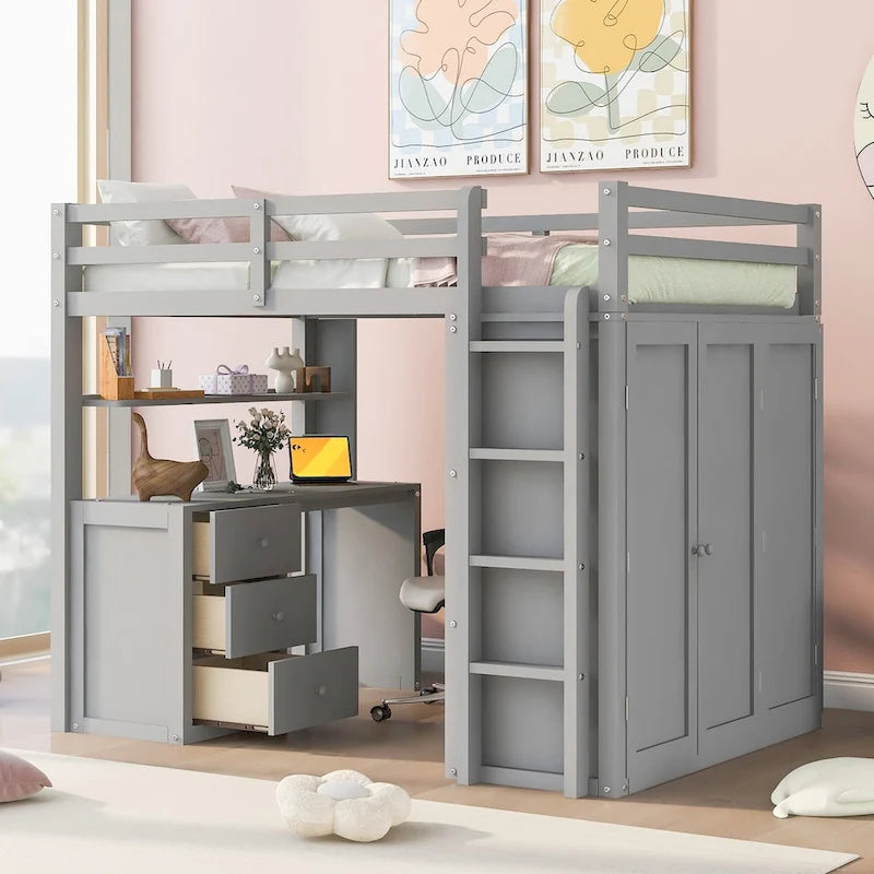 Multi-Functional Twin/Full Size Loft Bed with Drawers, Desk, Wardrobe - Space-Saving Study Area