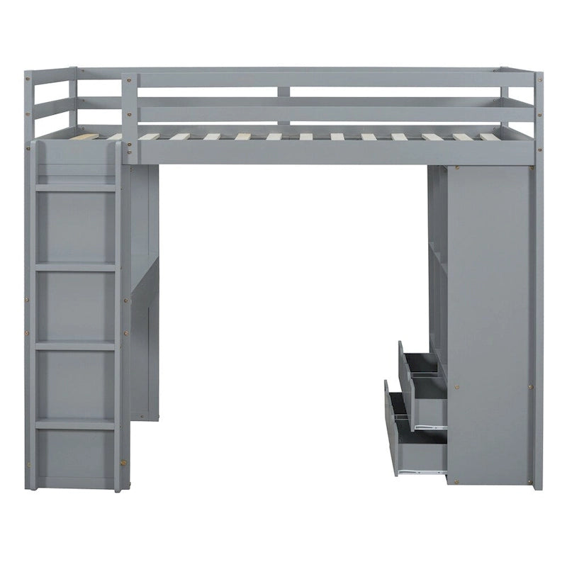 Twin Size Loft Bed with Large Shelves, Writing Desk and LED Light