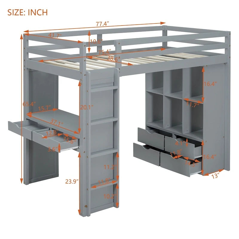 Twin Size Loft Bed with Large Shelves, Writing Desk and LED Light