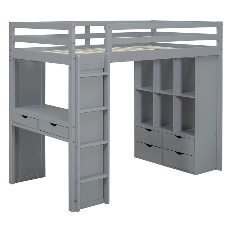Twin Size Loft Bed with Large Shelves, Writing Desk and LED Light