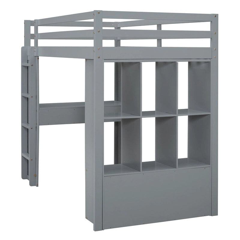 Twin Size Loft Bed with Large Shelves, Writing Desk and LED Light