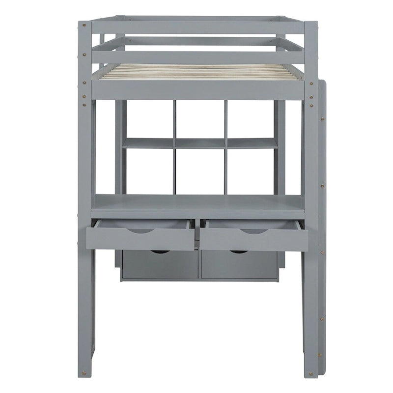 Twin Size Loft Bed with Large Shelves, Writing Desk and LED Light