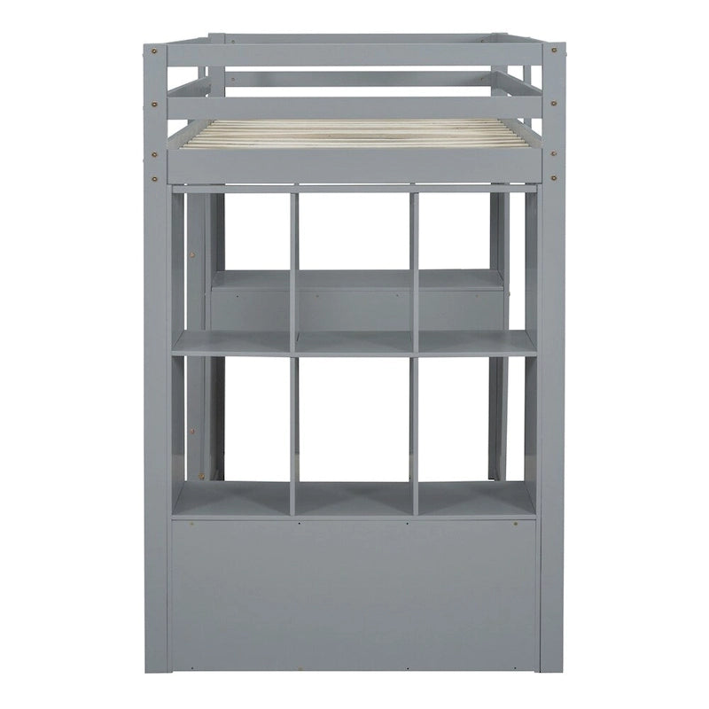 Twin Size Loft Bed with Large Shelves, Writing Desk and LED Light