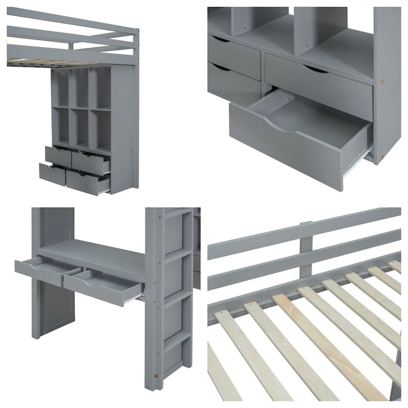 Twin Size Loft Bed with Large Shelves, Writing Desk and LED Light