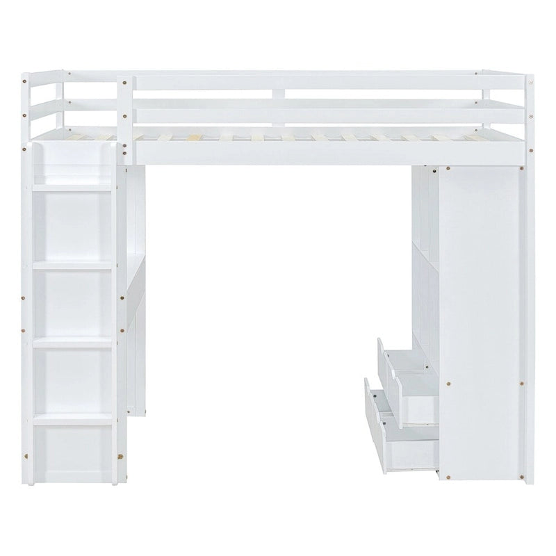 Twin Size Loft Bed with Large Shelves, Writing Desk and LED Light