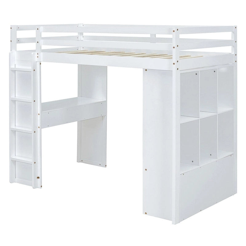 Twin Size Loft Bed with Large Shelves, Writing Desk and LED Light