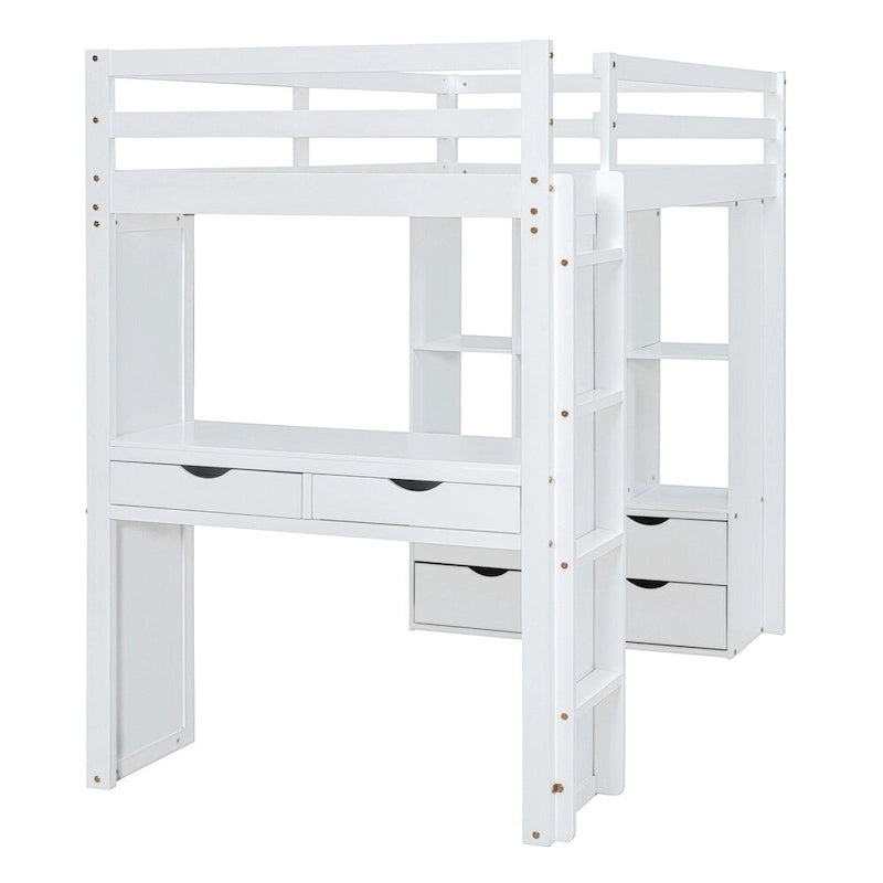 Twin Size Loft Bed with Large Shelves, Writing Desk and LED Light