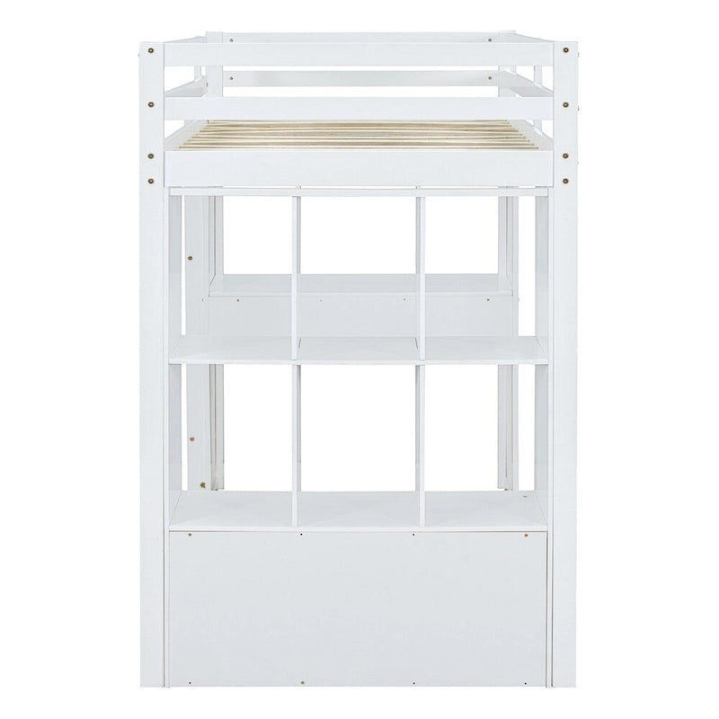Twin Size Loft Bed with Large Shelves, Writing Desk and LED Light