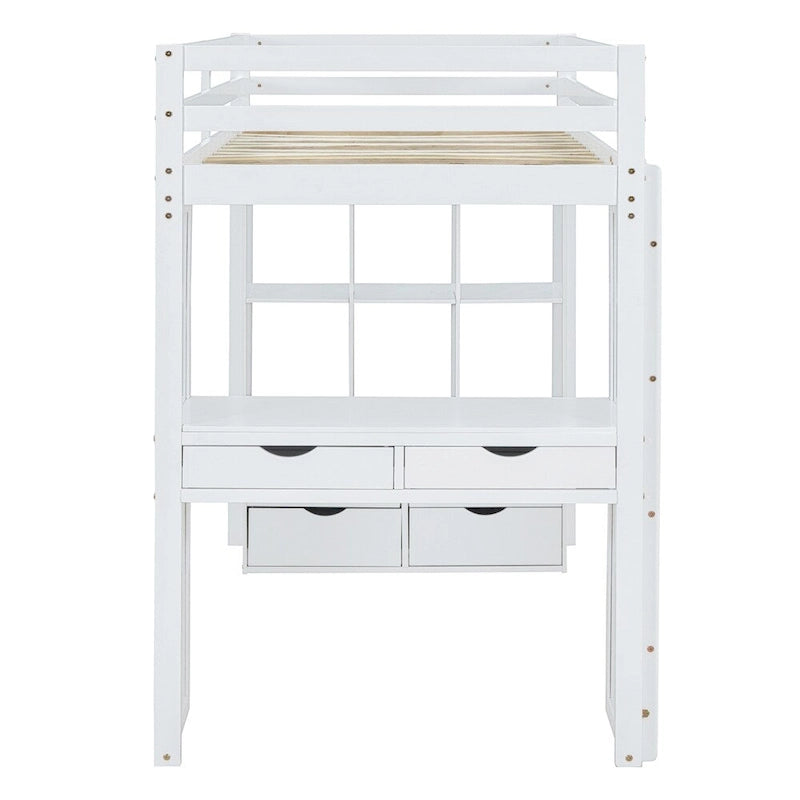 Twin Size Loft Bed with Large Shelves, Writing Desk and LED Light