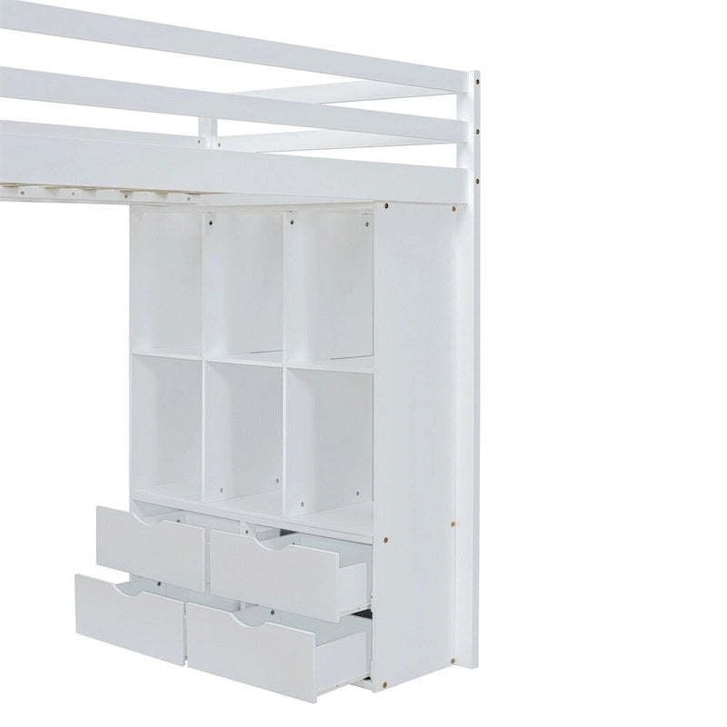 Twin Size Loft Bed with Large Shelves, Writing Desk and LED Light