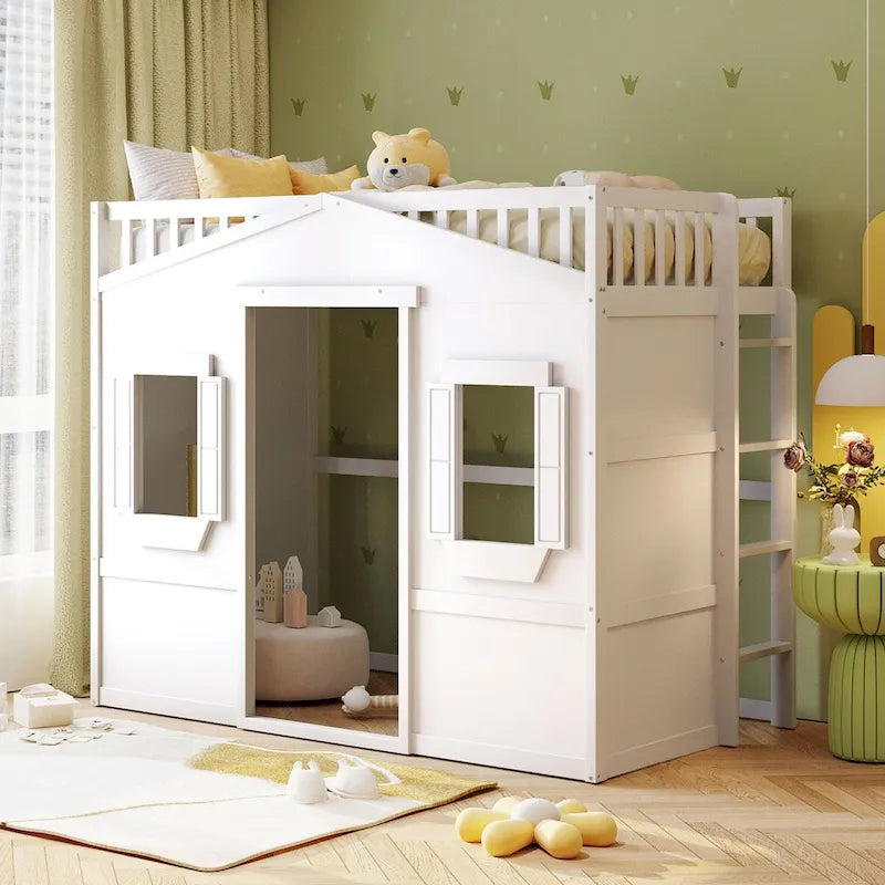 White Castle Style Solid Pine Wood Loft Bed with Ladder and Guard Rails