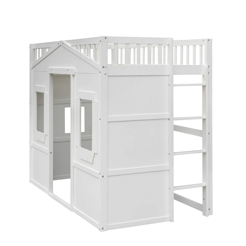 White Castle Style Solid Pine Wood Loft Bed with Ladder and Guard Rails