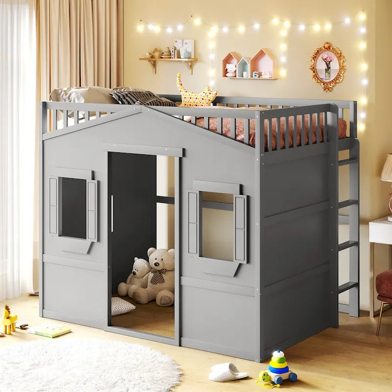 Full Size House Loft Bed, Wood House Bed Frame with Windows, Child Loft Bed with Ladder and Safety Guardrails