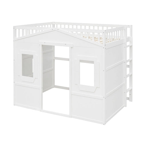 Full Size House Loft Bed, Wood House Bed Frame with Windows, Child Loft Bed with Ladder and Safety Guardrails