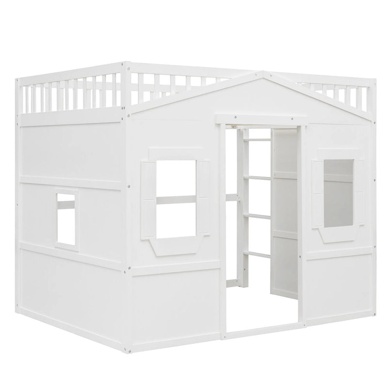 Full Size House Loft Bed, Wood House Bed Frame with Windows, Child Loft Bed with Ladder and Safety Guardrails