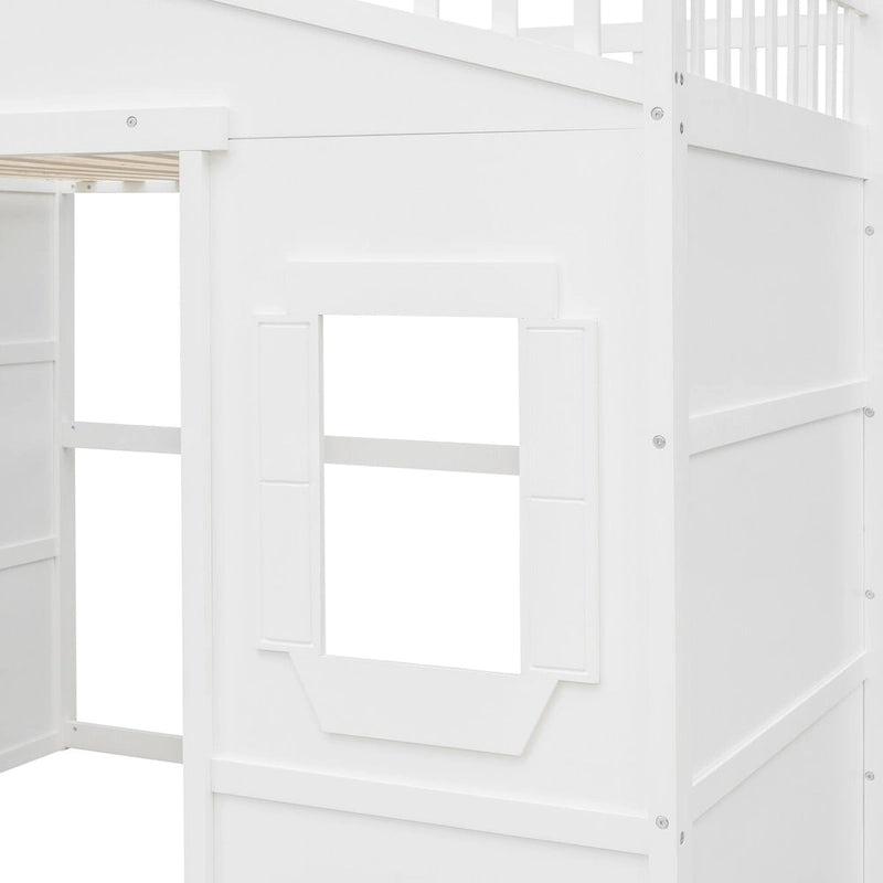 Full Size House Loft Bed, Wood House Bed Frame with Windows, Child Loft Bed with Ladder and Safety Guardrails