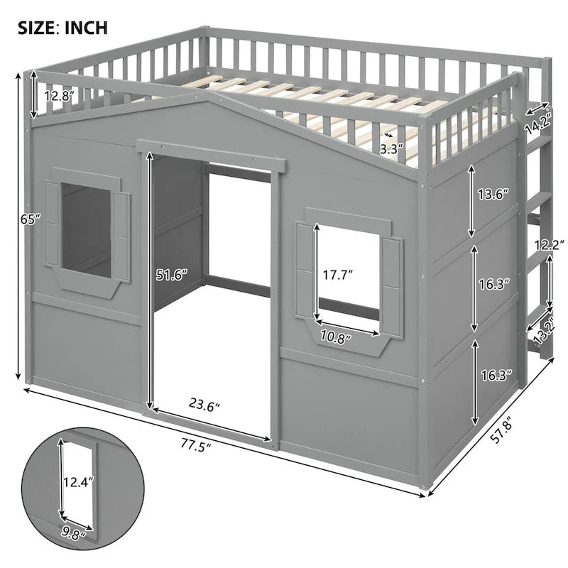 Full Size House Loft Bed, Wood House Bed Frame with Windows, Child Loft Bed with Ladder and Safety Guardrails