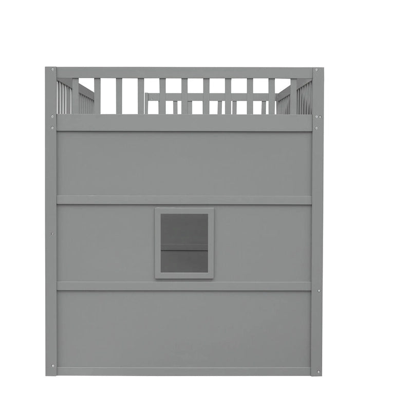 Full Size House Loft Bed, Wood House Bed Frame with Windows, Child Loft Bed with Ladder and Safety Guardrails