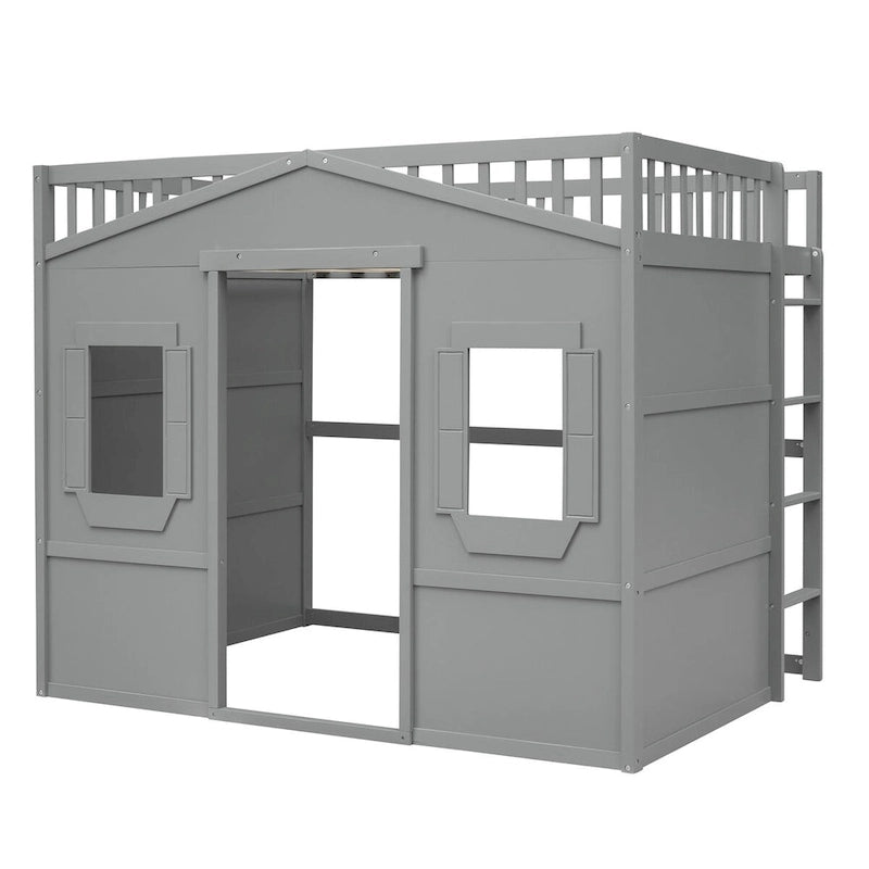 Full Size House Loft Bed, Wood House Bed Frame with Windows, Child Loft Bed with Ladder and Safety Guardrails
