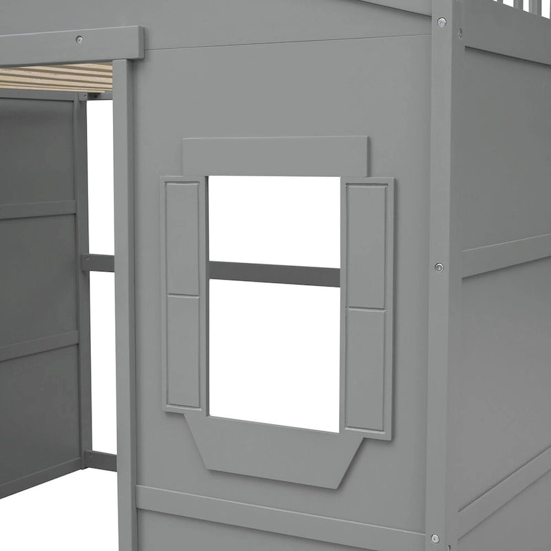 Full Size House Loft Bed, Wood House Bed Frame with Windows, Child Loft Bed with Ladder and Safety Guardrails