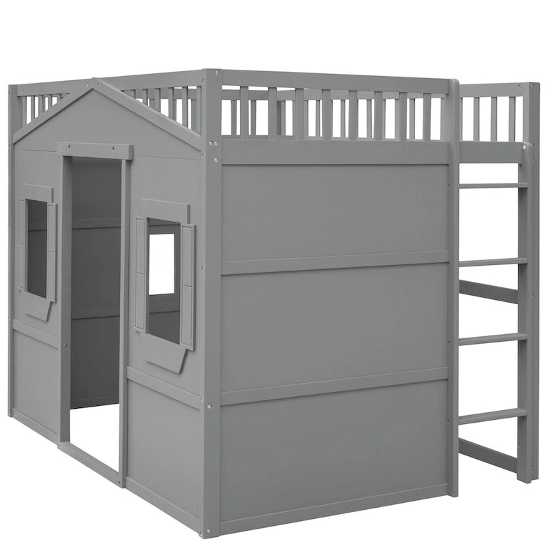 Full Size House Loft Bed, Wood House Bed Frame with Windows, Child Loft Bed with Ladder and Safety Guardrails