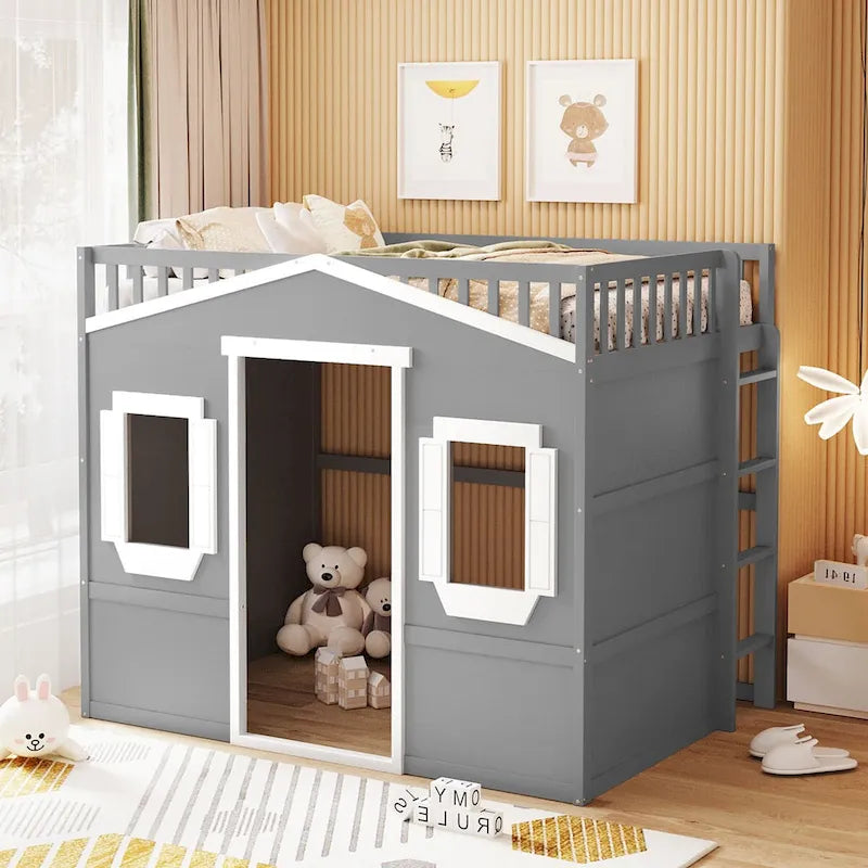 Full Size House Loft Bed, Wood House Bed Frame with Windows, Child Loft Bed with Ladder and Safety Guardrails